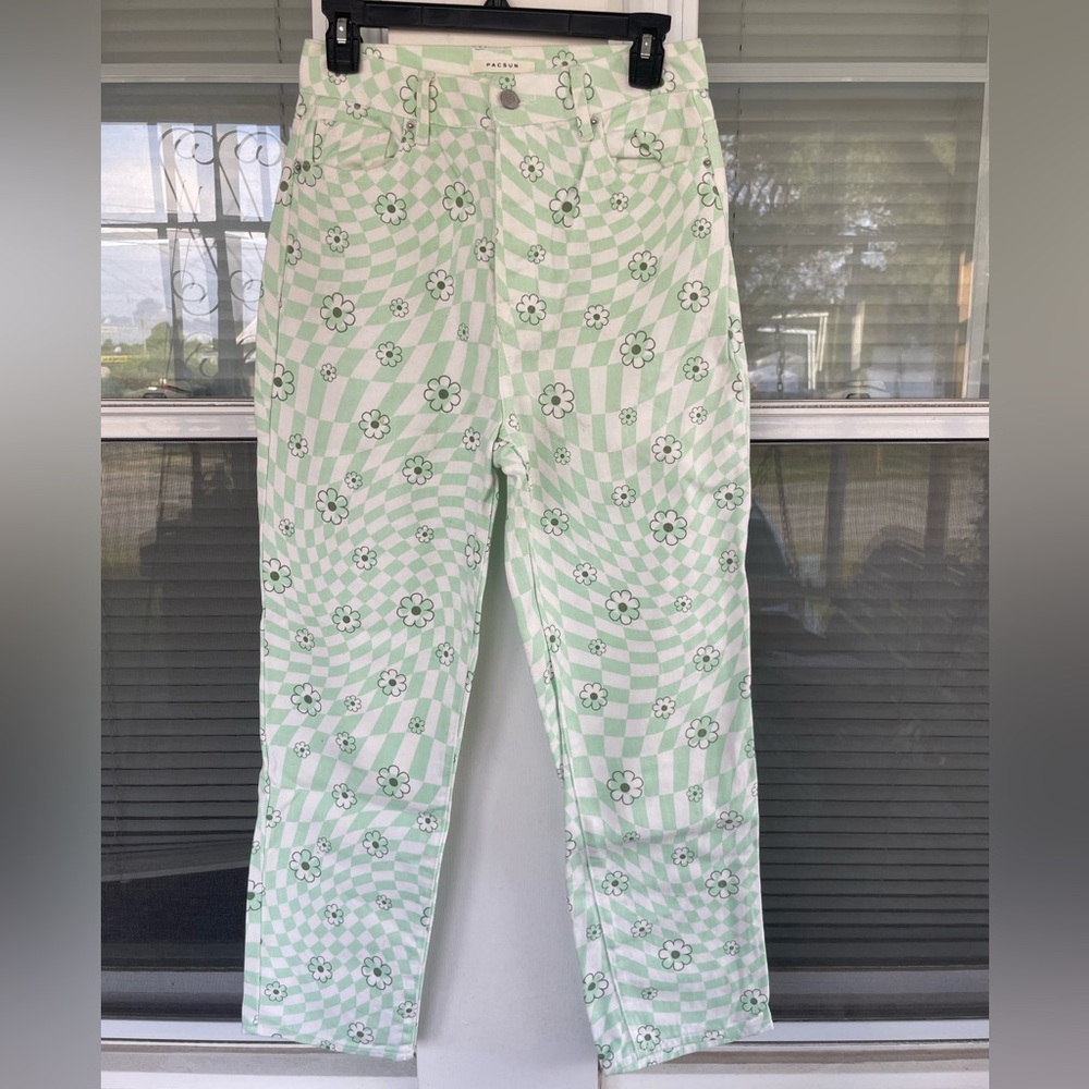 PacSun Women's Eco Green Checkerboard Flower High Waisted Straight Leg Jeans - Picture 2 of 7